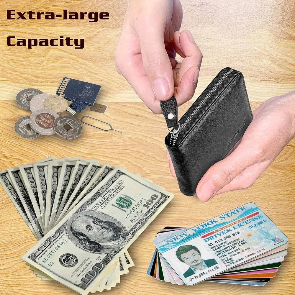 Men's Leather Black Bifold Beautiful Small Wallets Credit Card Zipper Around